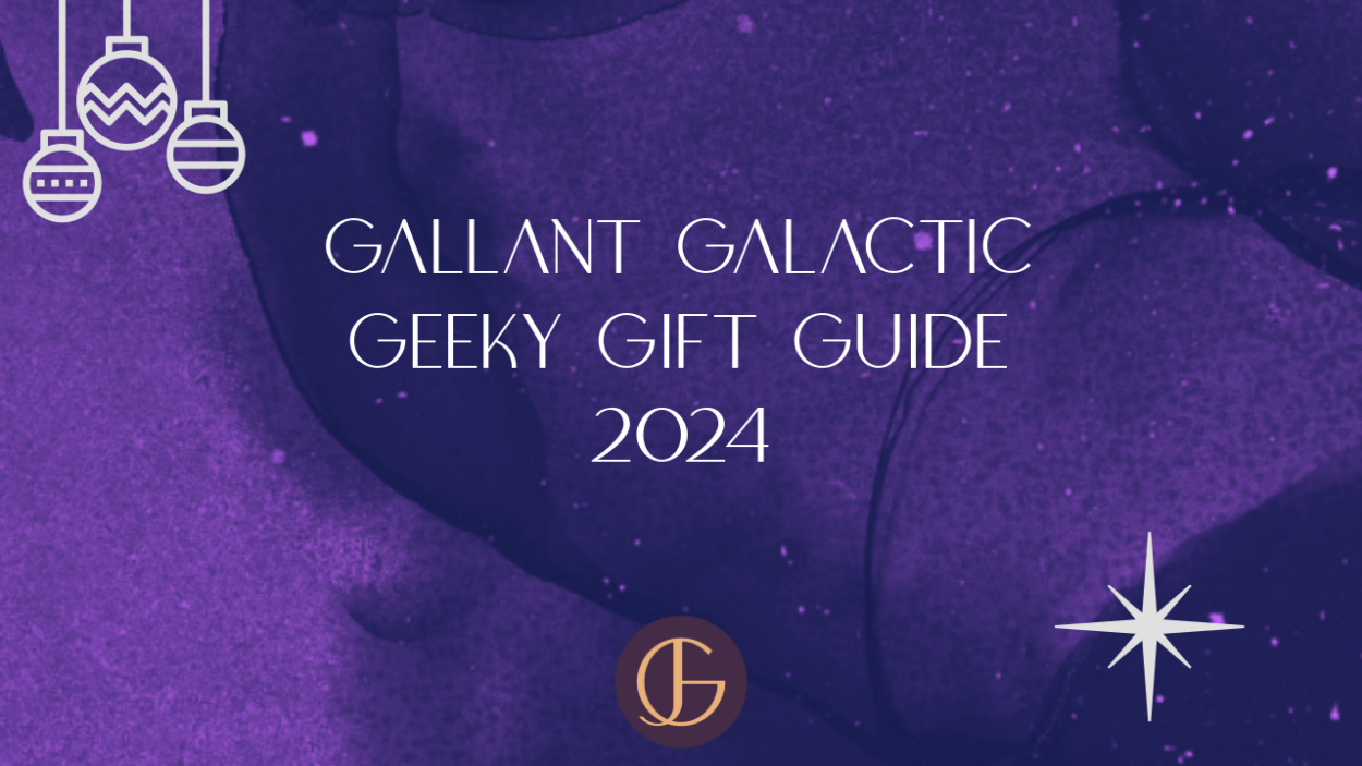 Gallant Galactic Geeky Gift Guide 2024 - purple mottled background with white ornament and star graphics, and the JDG circle logo of Jendia Gammon