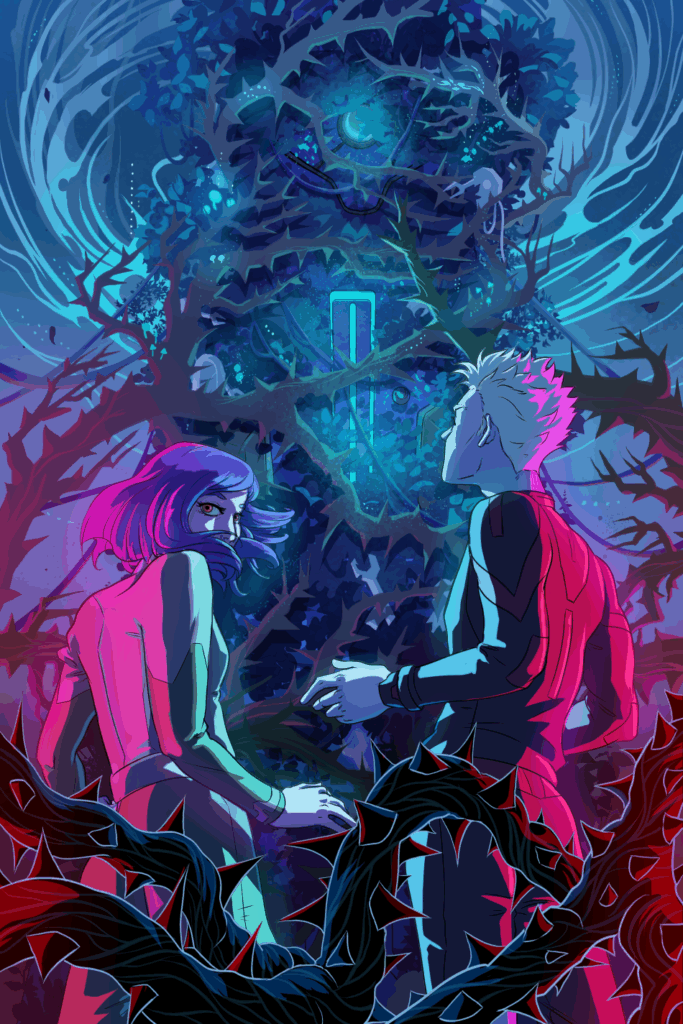 The Secret of the Sapphire Sentinel Front Cover, Lower Res Cover Art by Kim Herbst of THE SECRET OF THE SAPPHIRE SENTINEL by Jendia Gammon, writing as J. Dianne Dotson. Art depicts a strange, swirling blue sky around a glowing blue shape covered in immense, thorny vines and dotted with phosphorescent mushrooms. Gen (whose full name is Gentian Opal Lightworth), with her indigo hair, is on the left at the base of this shape, and to her right is a white-haired teen boy. The teens are lit by red light on their shining in their backs. Gen is partially turned, hair flying, to look over her right shoulder while the boy looks up at the object.