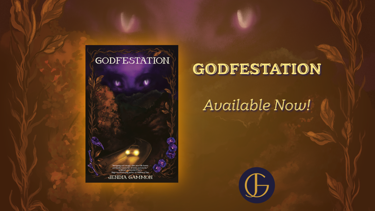 Godfestation Available Now! Features a picture of the book by Jendia Gammon on zooomed-in art from its cover with two spooky eyes and autumn leaves.